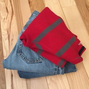 Two pairs of jeans and thermal shirt.